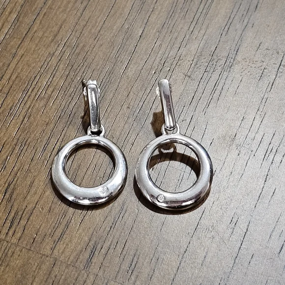 Vintage 925 Silver Circle Drop Earrings with Diamonds - Picture 9 of 12